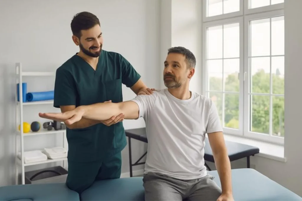 Man stretching shoulder